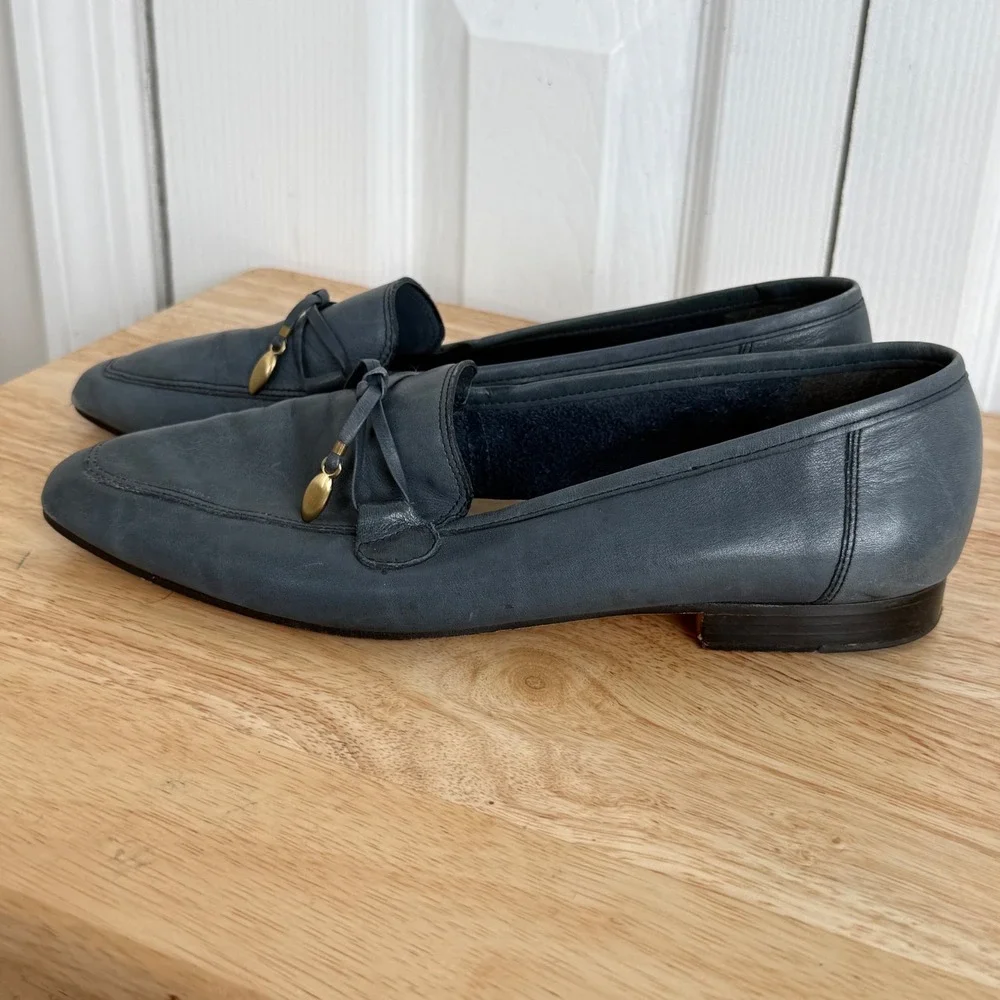 Enzo Angiolini Leather‎ Loafers 8N Blue Bow Square Toe Dark Academia Flats